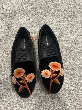 Birdies Black Velvet Loafers with Orange & Cream Floral Embroidery